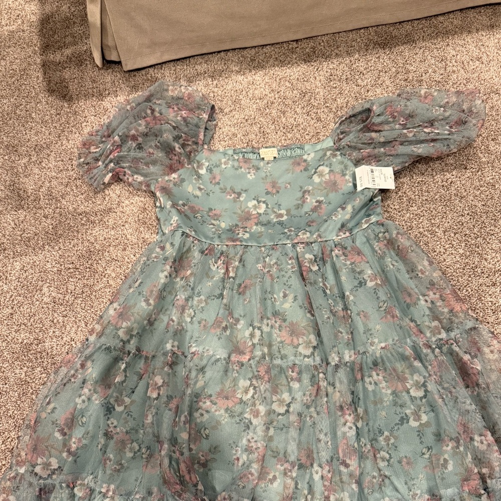 Zara Dusty Blue Floral Tiered Puff-Sleeve Dress